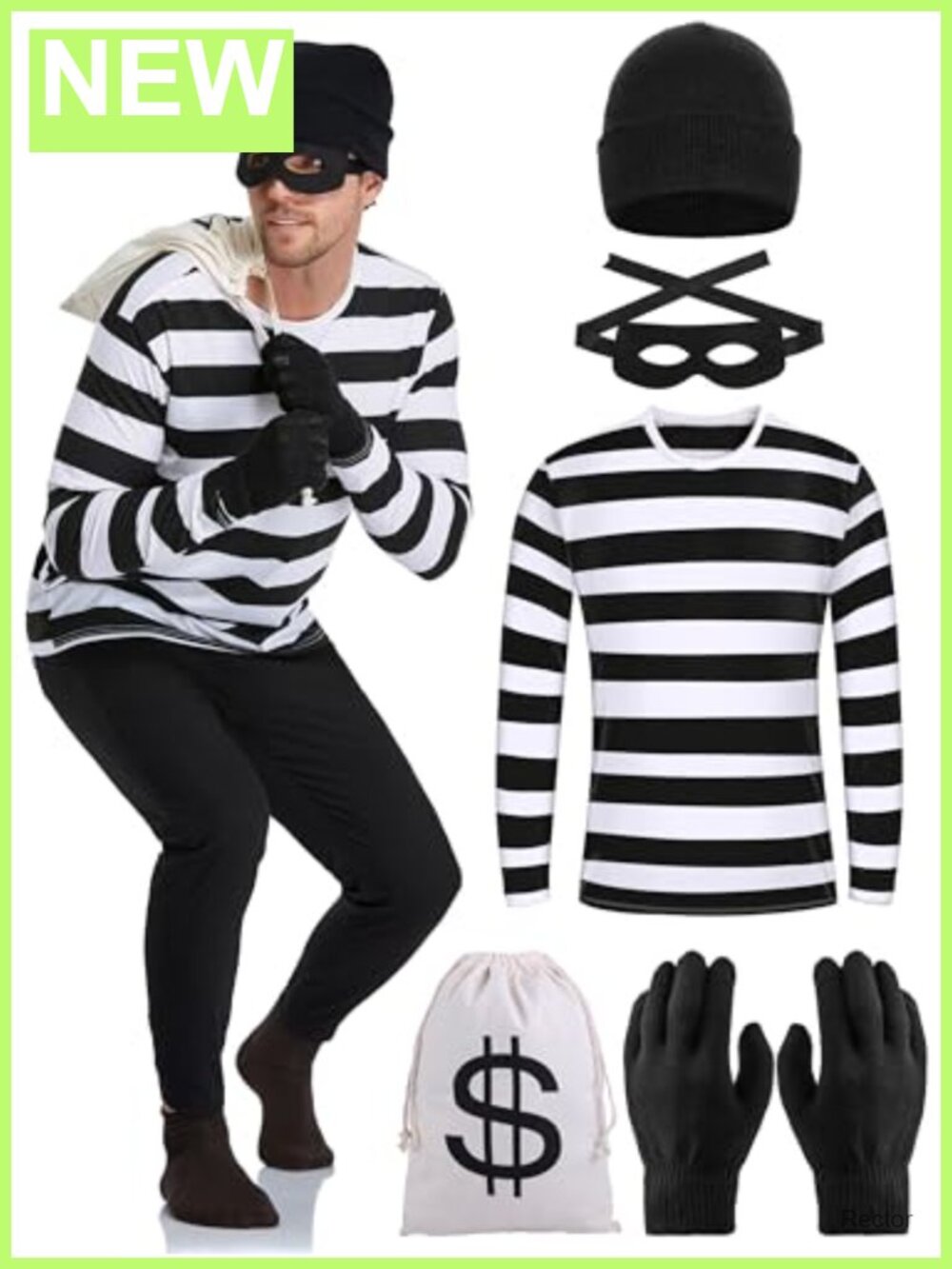 Striped Long Sleeve Costume Tee, Beanie, Gloves, Mask, Canvas Bag